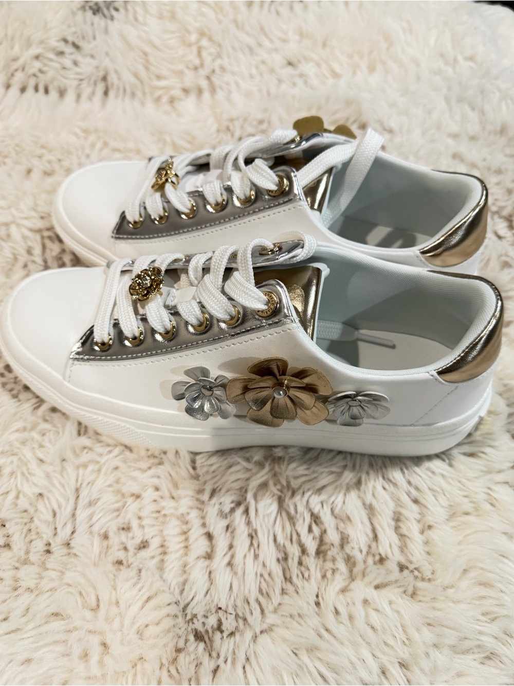 Karl Lagerfeld White Sneakers with Gold and Silver Floral Accents